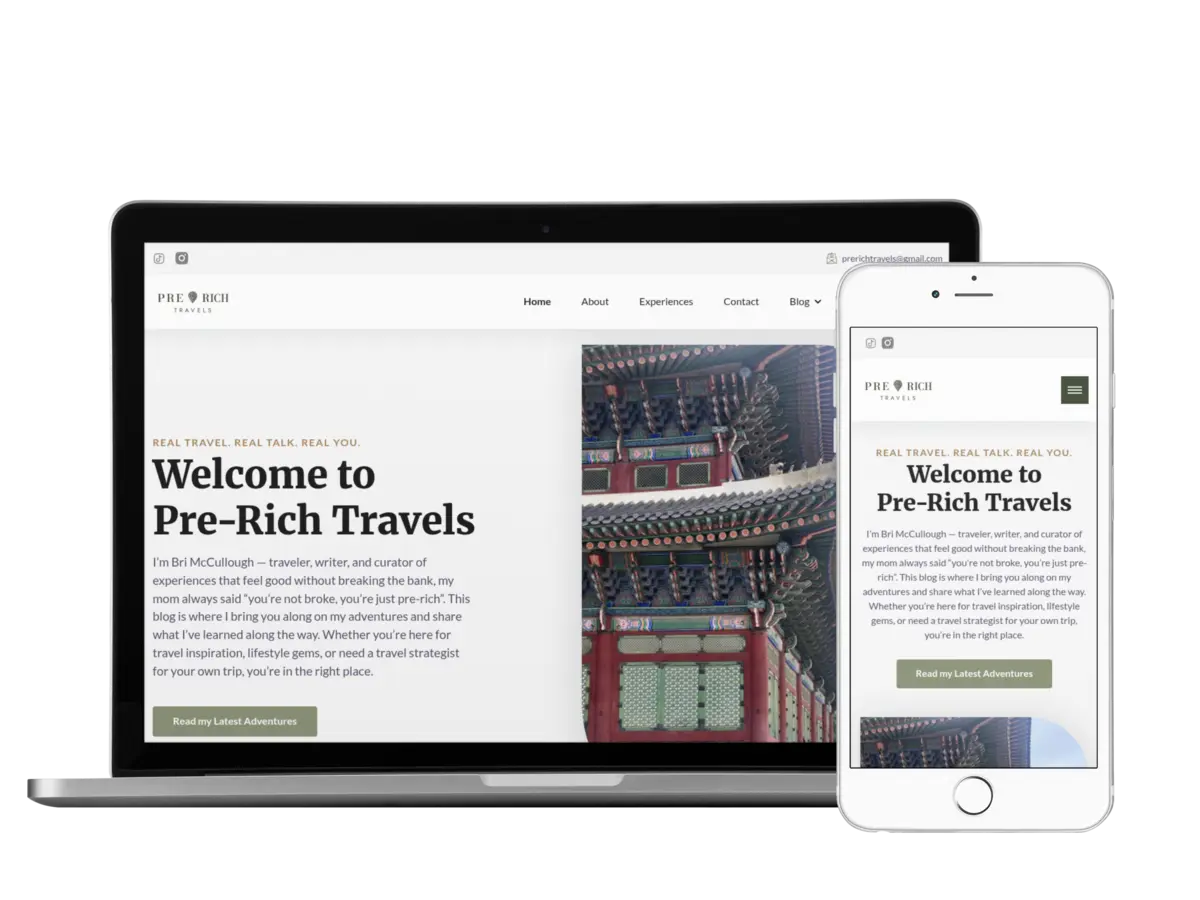 Pre-Rich Travels website displayed on a computer